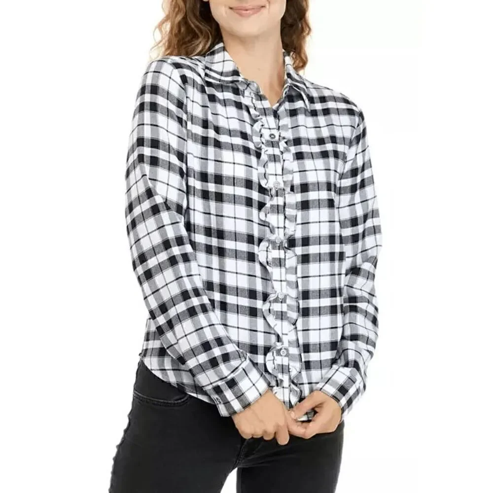 Juniors' Long Sleeve Ruffled Woven Shirt Size Medium